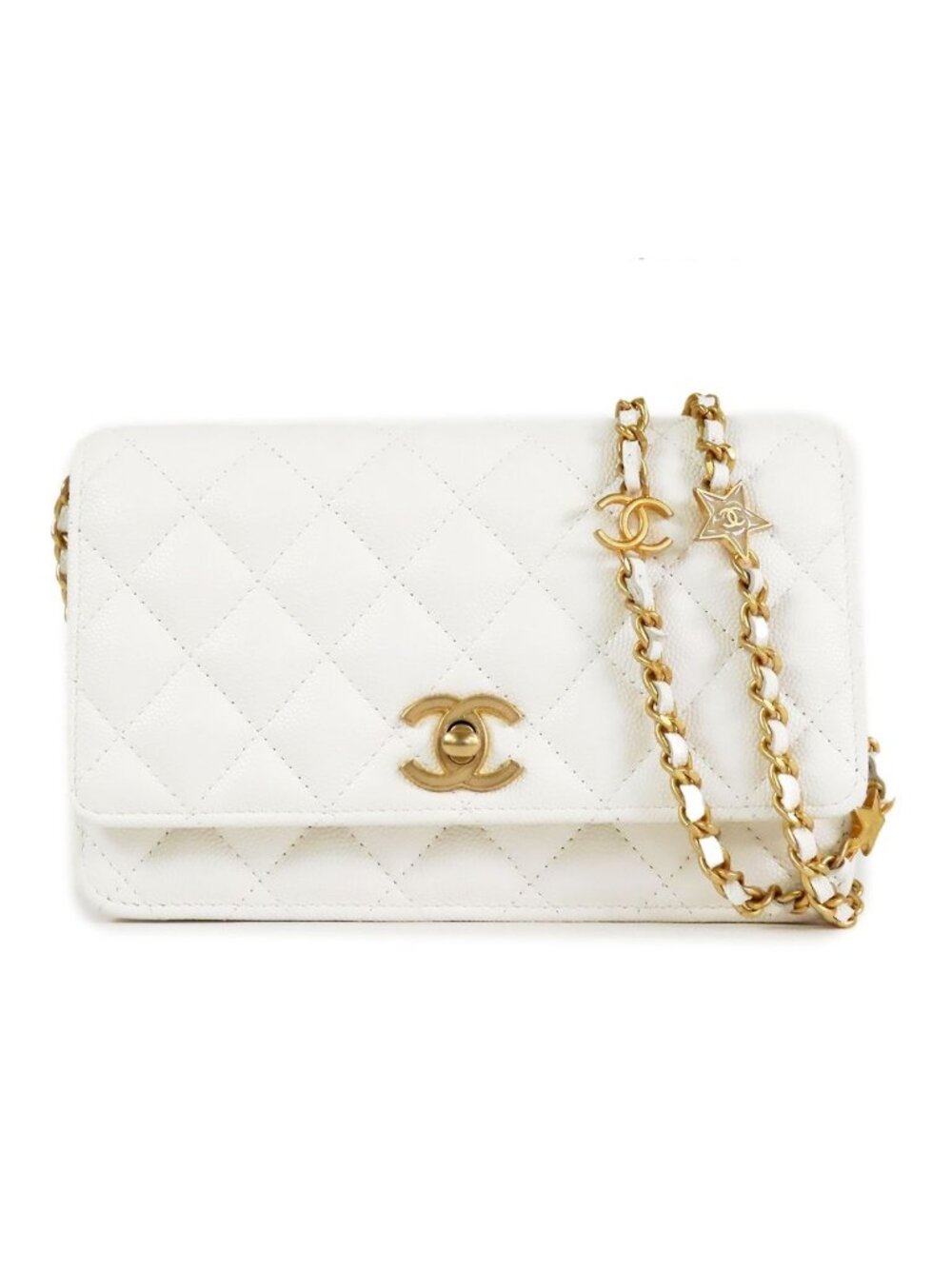 Chanel Chain Wallet White Gold Caviar Leather Charm Shoulder Bag